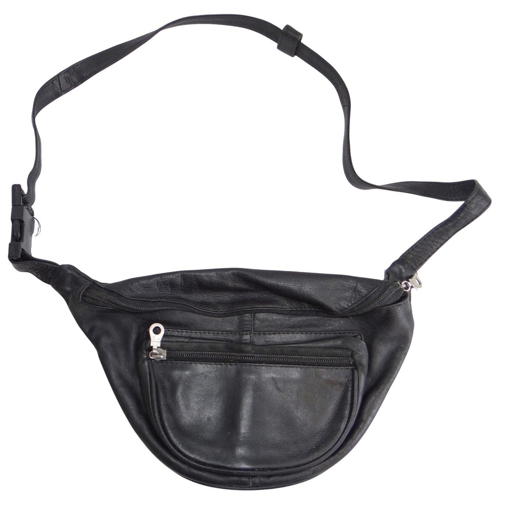 Vintage Black Leather Fanny Pack Waist Bag Multiple Pockets Adjustable Strap